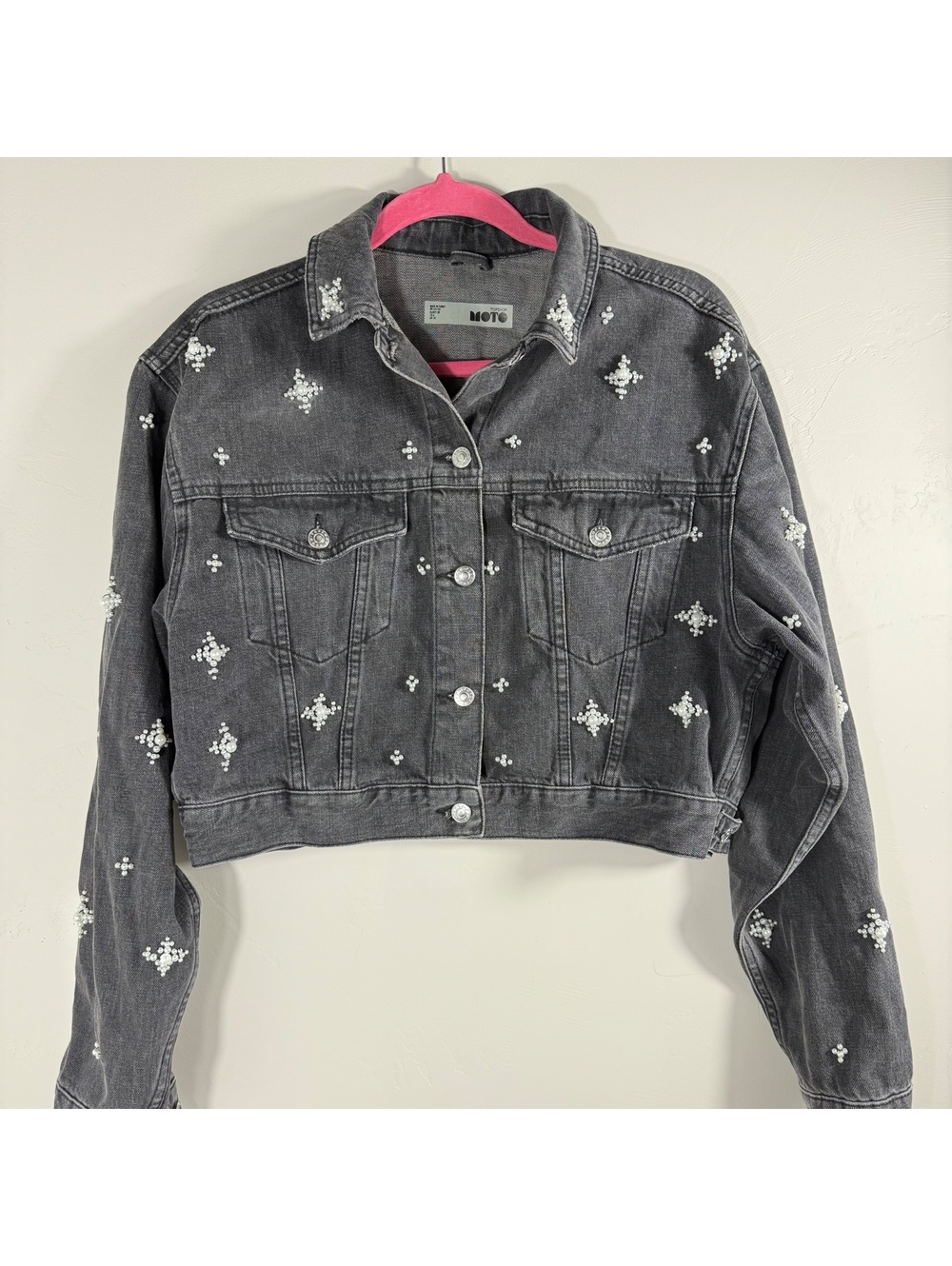 Topshop MOTO Black Embellished Pearl Denim Jacket Y2K Cropped | 6